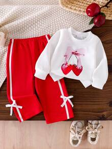 2pcs Baby Girl Butterfly & Cherry Print Crew Neck Long Sleeve Sweatshirt Top And Butterfly Decor Striped Straight Leg Pants Set - Red - View 1
