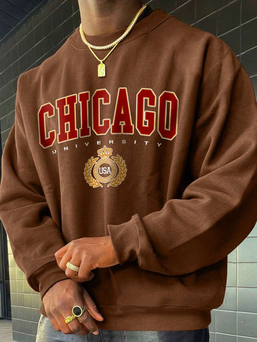 男士字母印花圆领长袖修身轻薄休闲卫衣，春秋季 - 咖啡棕 - 查看 1