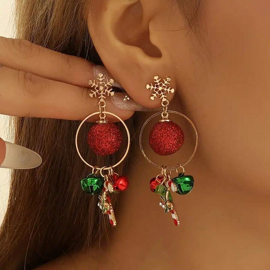 Hoa tai mặt dây chuyền hình chuông Giáng sinh và kẹo que quyến rũ - Đá lấp lánh, hợp kim kẽm - Quà tặng hoàn hảo cho ngày lễ - Nhiều màu - Xem 1