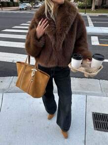 DEEKA 秋冬新品加厚仿狐狸毛和仿毛皮混纺青春时尚人造毛皮大衣短款夹克 - 棕色 - 查看 9