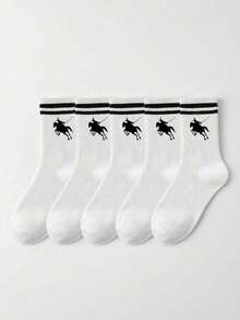 1/2/5 Pairs Unisex Classic Striped Equestrian Mid-Calf Socks, Breathable Casual Everyday Wear