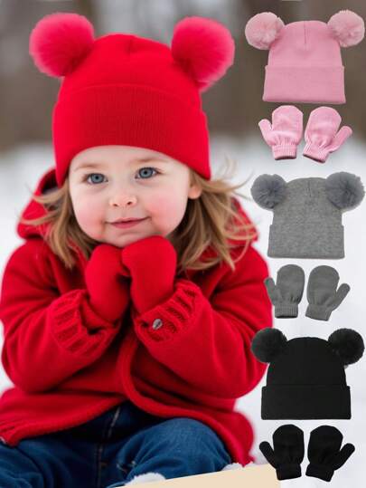 3 pièces Set de bonnets et gants tricotés à double boule pour bébé, combinés avec des chapeaux chauds pour l'automne et l'hiver pour nouveau-nés, garçons et filles. Chapeaux doux et confortables pour jeunes enfants de 0 à 3 ans