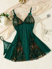 Sexy Lingerie Women'S Floral Embroidered Lingerie Dress With Bow Detail - Deep V-Neck, Thong Panties, And Garter Belt, No Bra Pad, Adult Size, Green With Golden Accents, Adult Lingerie Dress | Floral Embroidery | Thong Panties, Lingerie Sets - Green - View 1