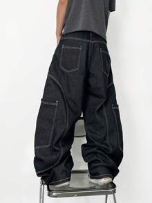 1件 Justice Brother 复古高街多口袋拼接宽松牛仔裤，舒适宽松筒状裤腿男士 - 黑色 - 查看 2