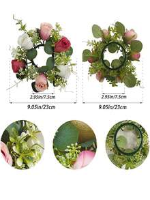 1pc Fake Flower Plant Leaves Candle Artificial Silk Rose Flower Wreath Candle Holder Plastic Small Buoy Farmhouse Wreath For Wedding Arrangement Bridal Bouquet Dining Table Core Garden Yard Birthday Shower Decoration Aesthetic Room Classroom Balcony Christmas Holiday Gift Decoration