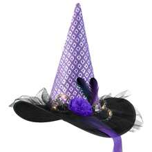 Hatisan 1Pc Halloween Witch Hat, Purple Glitter - Patterned With LED Lights & Feather Decor, Halloween Decorative Hat, Party Headwear, Cosplay Accessories For Halloween, Christmas Costume Party Supplies - 紫色 - 查看 1