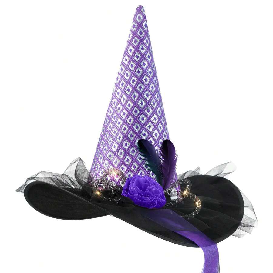 Hatisan 1Pc Halloween Witch Hat, Purple Glitter - Patterned With LED Lights & Feather Decor, Halloween Decorative Hat, Party Headwear, Cosplay Accessories For Halloween, Christmas Costume Party Supplies - 紫色 - 查看 1