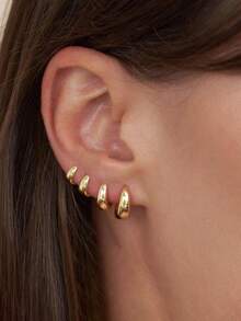 3 Pairs Oval Stacking Earrings Set, 18K Gold Plated Hypoallergenic Cartilage Earrings For Women, Suitable For Multiple Ear Piercings - 3Pairs Set - View 1