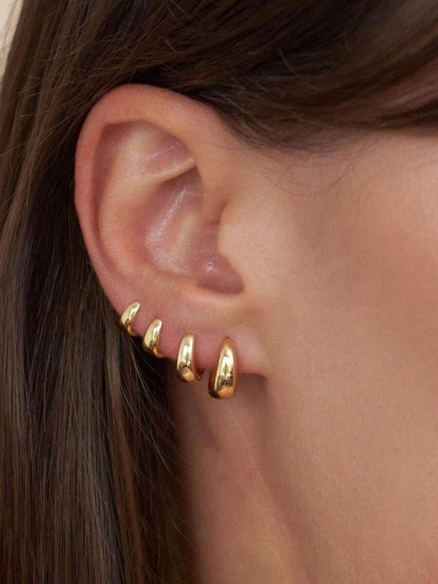 3 Pairs Oval Stacking Earrings Set, 18K Gold Plated Hypoallergenic Cartilage Earrings For Women, Suitable For Multiple Ear Piercings - 3Pairs Set - View 1