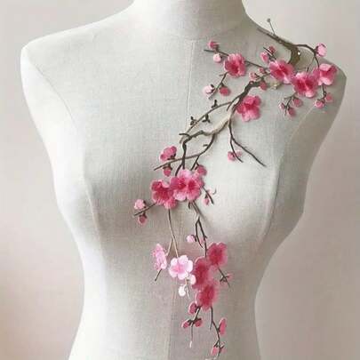 Vibrant Pink Cherry Blossom Branch Embroidered Patch - Elegant DIY Decoration For Personalizing Denim, Clothing And Accessories - Easy To Iron, Durable And Long-Lasting