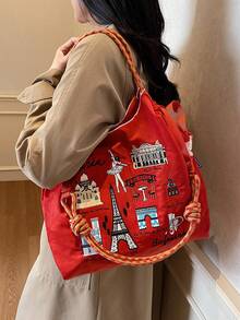 女士手提包，大容量防水帆布刺绣托特包，个性化图案便携单肩托特包 - 紅色 - 查看 3