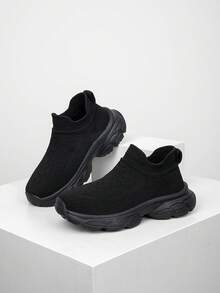 1 Pair Kids' Sneakers, Breathable Elastic Soft Shock-Absorbing Quick-Drying Lightweight Slip-On Casual Shoes For Boys & Girls, Suitable For Running & Walking - Black - View 2