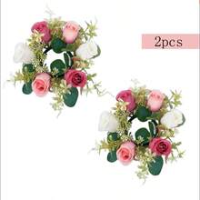 1pc Fake Flower Plant Leaves Candle Artificial Silk Rose Flower Wreath Candle Holder Plastic Small Buoy Farmhouse Wreath For Wedding Arrangement Bridal Bouquet Dining Table Core Garden Yard Birthday Shower Decoration Aesthetic Room Classroom Balcony Christmas Holiday Gift Decoration