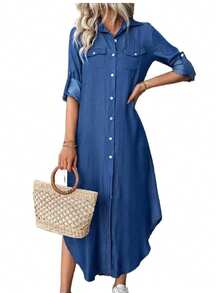 Loose Shirt Dress With Buttons Front, Casual Solid Color Split Hem Dress In Spring And Autumn, Shirt Dresses For Women - Màu xanh lam - Xem 6