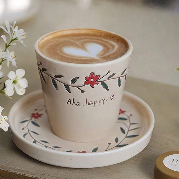1 pieza Taza de café de cerámica creativa de 180ml, taza para latte, plato de postre de alta calidad con asa, con diseño floral pintado a mano con esmalte