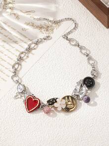 1 件新款设计心形花朵蝴蝶结兔子吊坠项链，色彩鲜艳时尚精致高端颈链，适合女士 - 彩色 - 查看 2