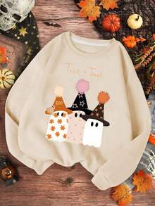 Tween Girls Halloween Style Cute Little Ghost Pattern Round Neck Long Sleeve Sweater Pullover Autumn Winter New
