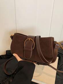 Women Retro Solid Color Dual Strap Suede Shoulder Crossbody Saddle Bag, Autumn And Winter Hot Women Bag, Suede Purse, Newest Fashionable Suede Bag For Women - 咖啡棕 - 查看 5