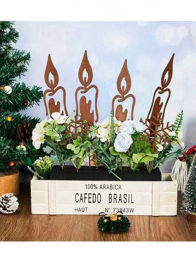 4pcs/6pcs Christmas Rusty Candle Garden Decoration, Candle Snowflake Outdoor Yard Piles, Christmas Decoration Ornaments, Country Decorations, Flower Pot Decorations, For Winter