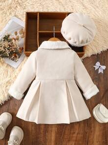 2 件女婴优雅纯色仿毛领外套，配贝雷帽和蝴蝶结装饰，秋冬保暖 - 杏色 - 查看 2