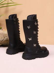 1 双女童时尚、可爱、优雅、校园风圆头侧拉链靴 - 黑色 - 查看 4