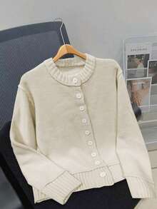 Damen Lässig Herbst und Winter einfarbiger Rundhals Einreiher Pullover Strickjacke Langarm Strickjacke / Vielseitiger Pullover für den täglichen Arbeitsweg