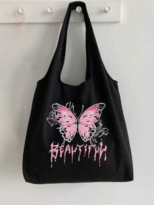 Bolso de mano con estampado de mariposas rosa estilo Y2K, equipado con bolsa de maquillaje con cremallera, bolso de lona negra para el hombro, bolso de compras casual, bolso de hombro de gran capacidad, adecuado para el trabajo, multifuncional, de múltiples propósitos, de gran capacidad, ligero, práctico, para aniversario, Navidad, vacaciones, adecuado para exteriores, ir y venir, viajes, escuela, deportes, compras, uso diario