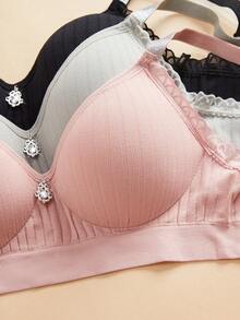 3件套女士纯色无缝蕾丝条纹文胸套装，舒适无钢圈，固定罩杯，可调节肩带，休闲运动文胸 - 彩色 - 查看 5