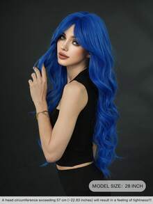 7JHH WIGS Gorgeous 28-Inch Extra Long Wavy Dark Blue Wig For Women, Fluffy Wave Curly Wigs With Curtain Bangs, Synthetic Fiber Hair Full Machine Wigs For Music Festival Party Wear, Halloween Cosplay Costume Use All-Match Fashion Accessories - 藍色 - 查看 4
