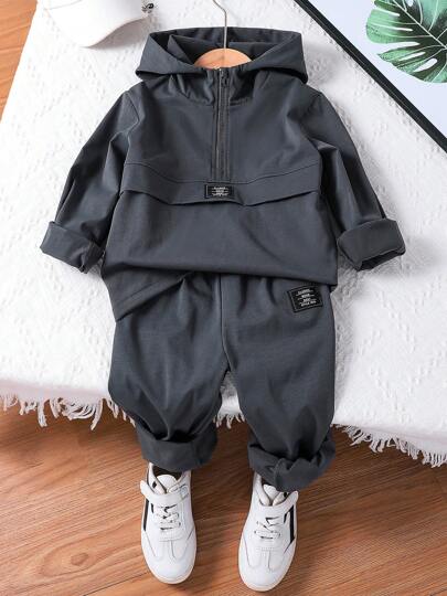 2pcs/Set Boys' Minimalist Fashion Spring/Autumn Outfit, Includes Solid Color Long Sleeve Zip-Up Hoodie Sweatshirt + Elastic Waist Pants, Casual Comfortable Soft Versatile Childrenswear, Suitable For Teenagers Outdoor Personalized Style
