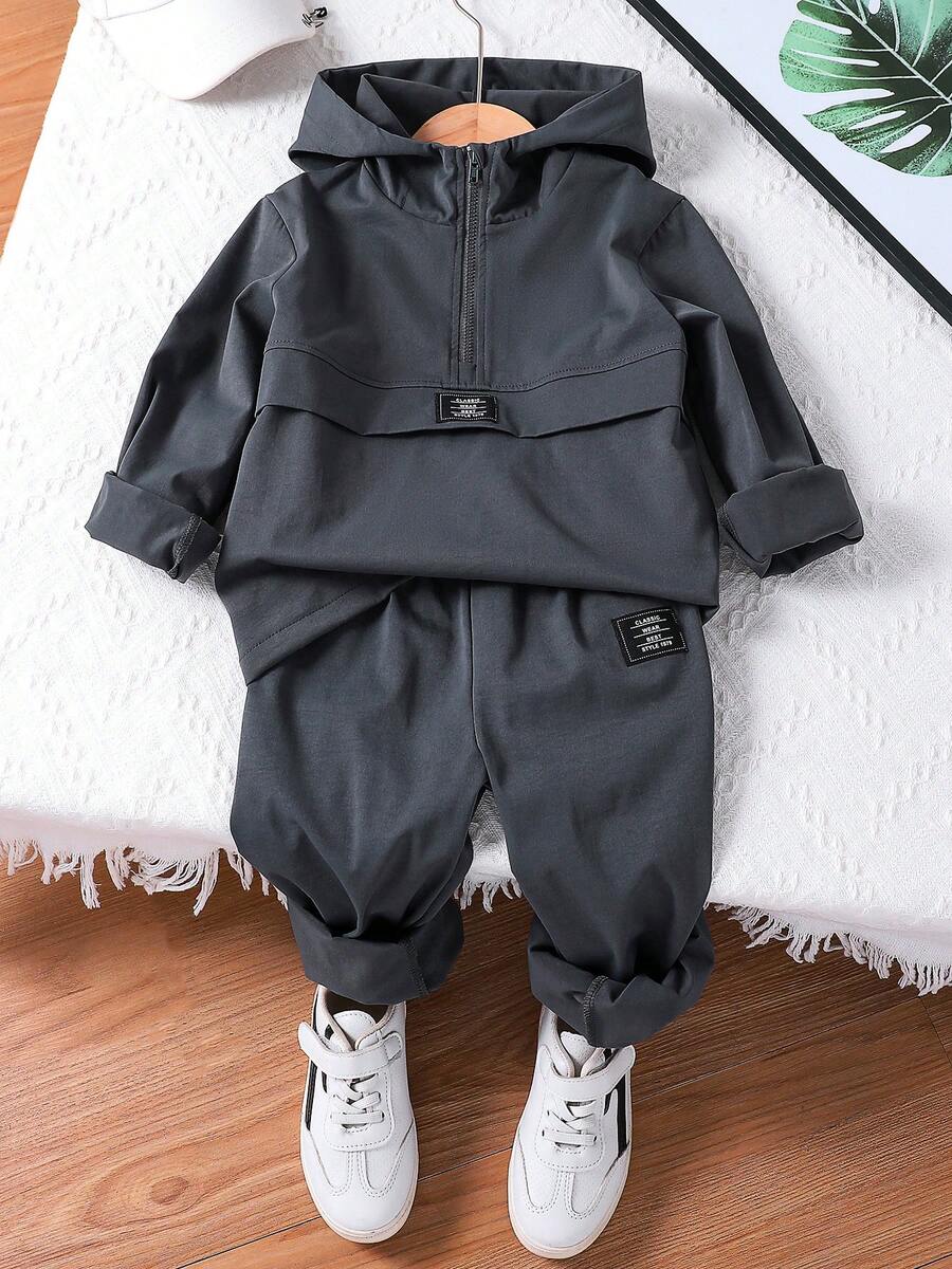 2pcs/Set Boys' Minimalist Fashion Spring/Autumn Outfit, Includes Solid Color Long Sleeve Zip-Up Hoodie Sweatshirt + Elastic Waist Pants, Casual Comfortable Soft Versatile Childrenswear, Suitable For Teenagers Outdoor Personalized Style