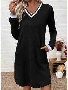 Womens Dresses 2025 Fall V Neck Long Sleeve Casual Tshirt Dress Spring Contrast Striped Sweatshirt Dresshalloween - màu đen - Xem 7