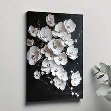 1pc 30x40cm(12x16inch) BlackanWhiteAbstractBloomingFlowerPainting,BlackanWhiteAcrylicPaintingonCanvas,FloralHeavyTetureArt,LivingRoomDecor Framed