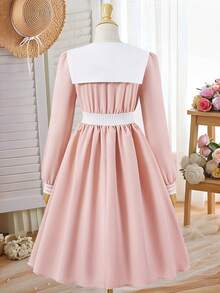 Girls' Sailor Collar Bowknot Sweet School Style Long Dress, Spring/Autumn