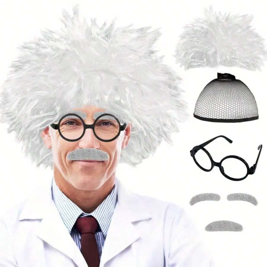 Elderly Mad Scientist Wig Set, Eyebrows, Beard And Glasses, Crazy Old Scientist Wig, Halloween Dress Up Grandpa Costume Accessories, Role-Playing Party Supplies - Multicolor - View 1