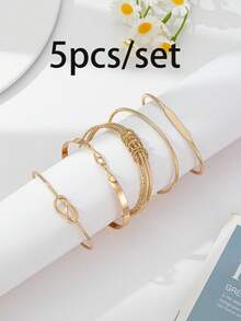 12/7/5pcs Set Textured Chunky Star Floral Pattern Twisted Geometric Round Disc & Bead Multi-Layer Wavy Metal Chunky Bangle Bracelet Set, Fashion Elegant Vintage Design, Suitable For Holiday, Party, Date, Gift, Daily Wear - Yellow Gold - View 2
