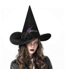 Hatisan 1Pc Witch Hat, Halloween Elegant Hat With Rose & Feathers, Vintage Style Party Headwear, Cosplay Accessories For Halloween Costume Party - 黑色 - 查看 5