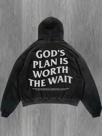 Sudadera con capucha de hombro caído con estampado de letras vintage desgastado y bolsillo, otoño, manga larga