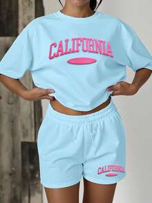 HESSEN 女士休闲简约纯色宽松日常百搭英文字母图案宽松短袖T恤和短裤两件套，健身慢跑服，休闲服，情人节休闲服，新年服 - 藍色 - 查看 1