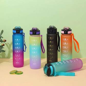 1pc 1000ml Portable Gradient Color Matte Water Bottle, Spacious Cup With Time Scale And Straw, Leak-Proof Sports Water Bottle, Suitable For Fitness, Gym And Outdoor