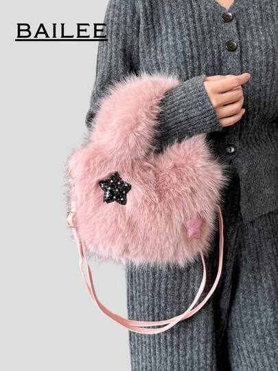 BAILEE Cute New Soft Solid Color Plush Hand-Held Bucket Bag With Five Pointed Star Embroidery Decoration Women's Handbag White-Collar Workers Perfect For College&Work&Business&Commute&Outdoors&Travel&Outings&Office&Perfect For Work&Shopping&For Attending Dinner Parties&Fashion Events And Giving Gifts To Friends