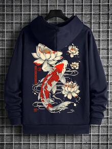 Men's Dropped Shoulder Koi Fish Pattern Casual Versatile Hoodie With Pocket, Fall, Long Sleeve Top - Navy Blue - View 4