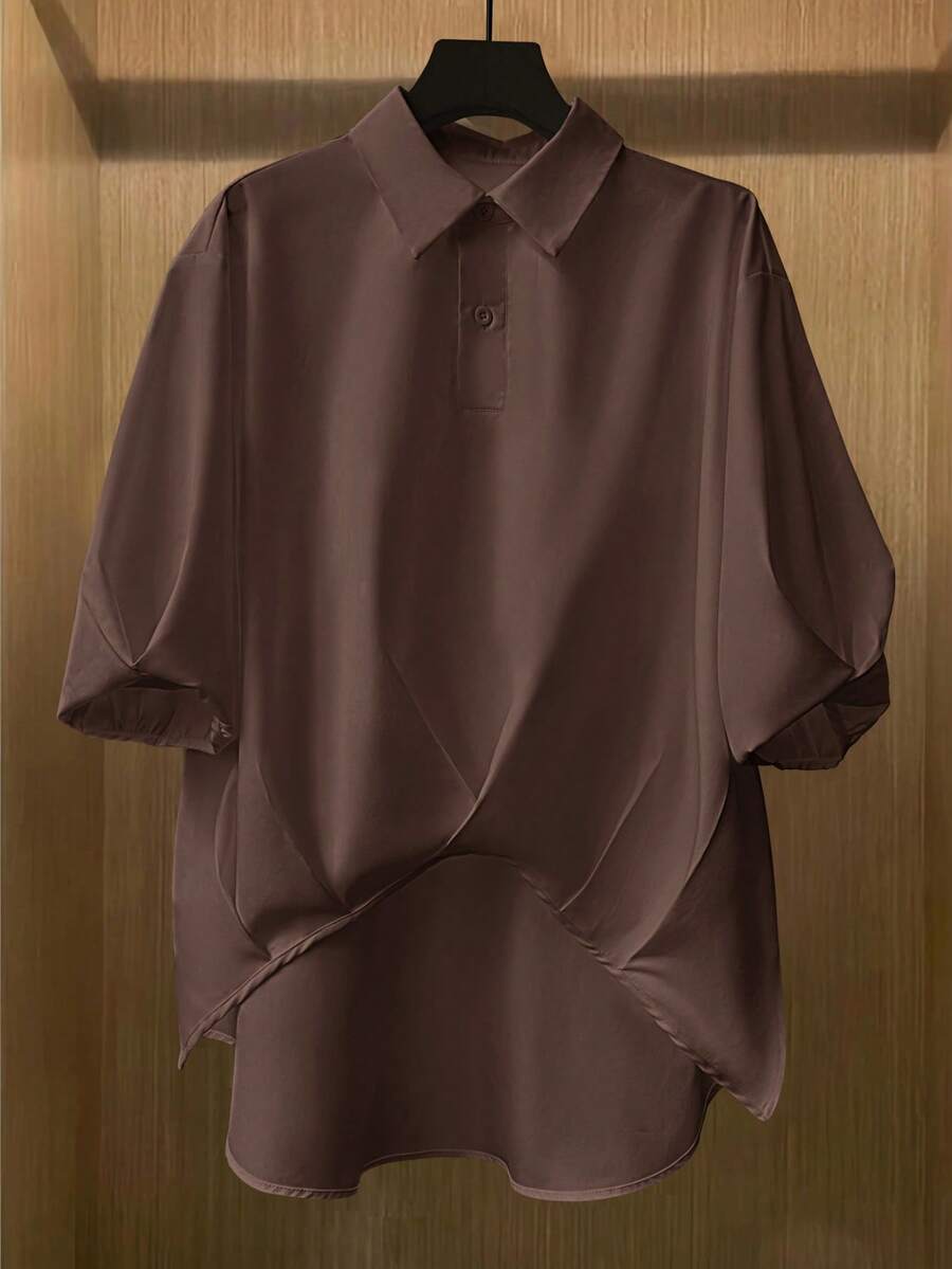 女士纯色短袖不对称时尚涤纶夏季休闲衬衫 - 咖色 - 查看 1