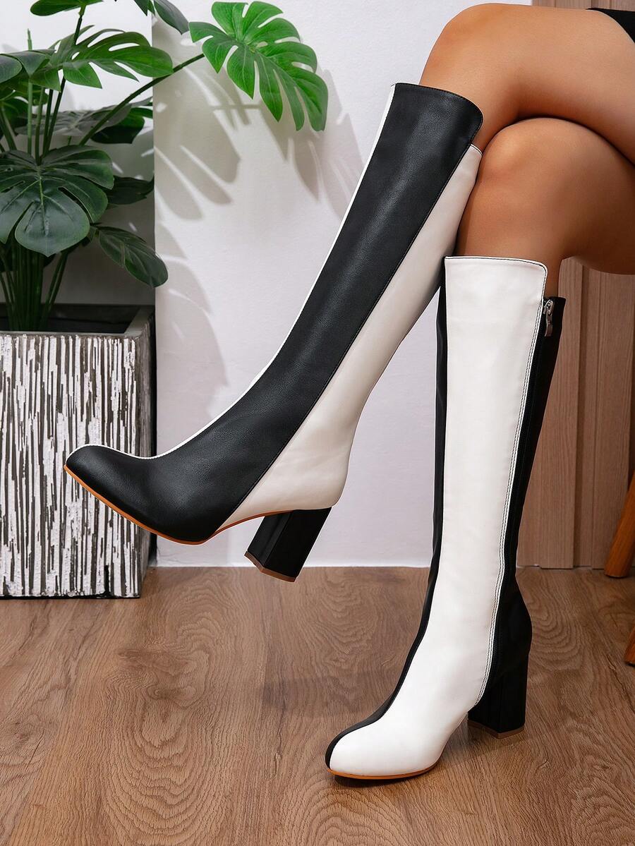 Cizme până la genunchi pentru femei, cizme de călărie versatile cu toc gros și vârf ascuțit, cizme minimaliste subțiri cu toc înalt, cizme - Alb-negru - Vizualizare 1