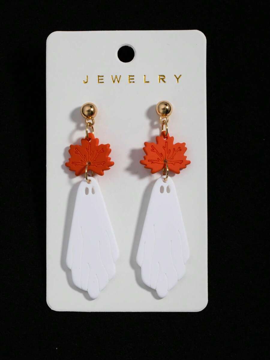 1 对万圣节软粘土亚克力枫叶和幽灵设计耳环，喷漆饰面，简约可爱个性化耳环，节日礼物，派对耳环（随机卡） - 彩色 - 查看 1