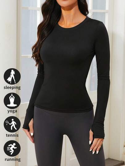 1 peça de camiseta esportiva casual feminina com gola redonda e manga comprida, abertura para polegar, top versátil para todas as estações