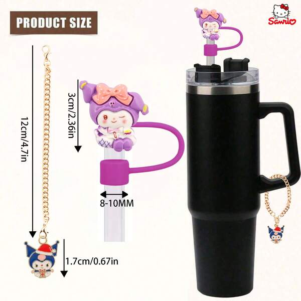 Sanrio Zestaw 2 akcesoriów do kubków z postaciami Sanrio, zawiera 1 wieczko ze słomką i 1 łańcuszek do kubka, pasuje do słomek o średnicy 8-10 mm, akcesoria dekoracyjne, idealne na prezent