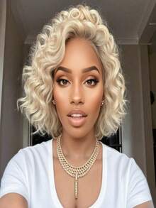 613 Curly Bob Wig Human Hair With Baby Hair 180 Density Glueless Wigs Human Hair Pre Plucked For Women 13x4 HD Transparent Deep Wave Lace Front Wigs Human Hair Soft And Smooth Ready To Wear 14inch - 金色 - 查看 9
