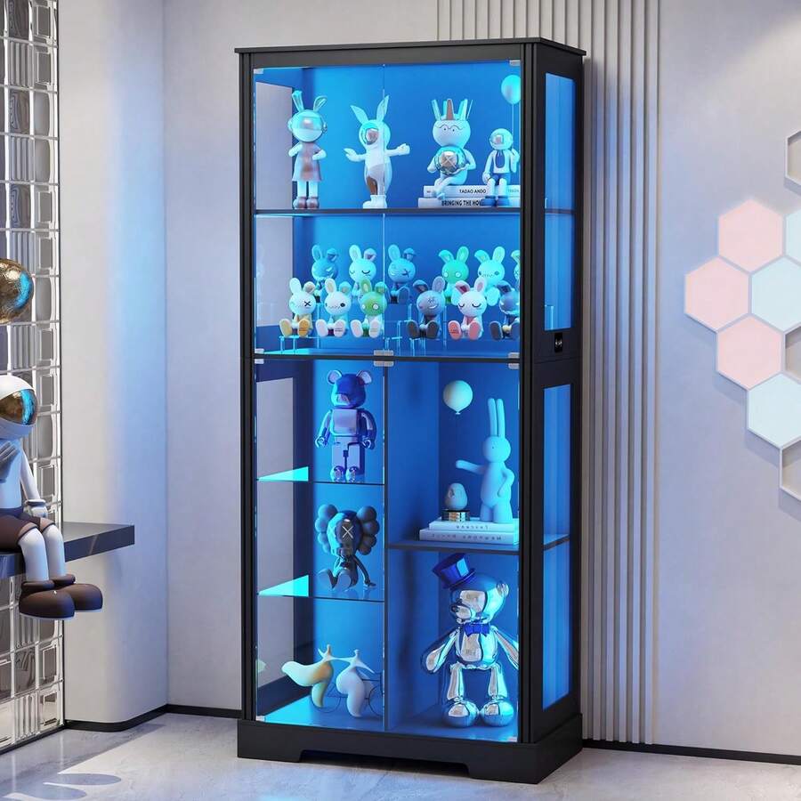71" Tall Lighted Display Curio Cabinet With Glass Doors,Glass Curio Cabinet With 3 Color Sensor Lights,7-Tier Display Case With Removable Shelves,Storage Cabinet For Collectibles,White - màu đen - Xem 1