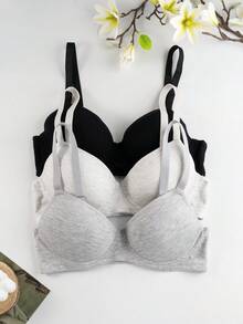3pcs Solid Color Minimalist Comfortable Breathable Lightweight Wireless Bra, Cotton Adjustable Strap